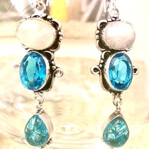 SS Snakeskin Quartz , Moonstone, & Stained Glass Earrings